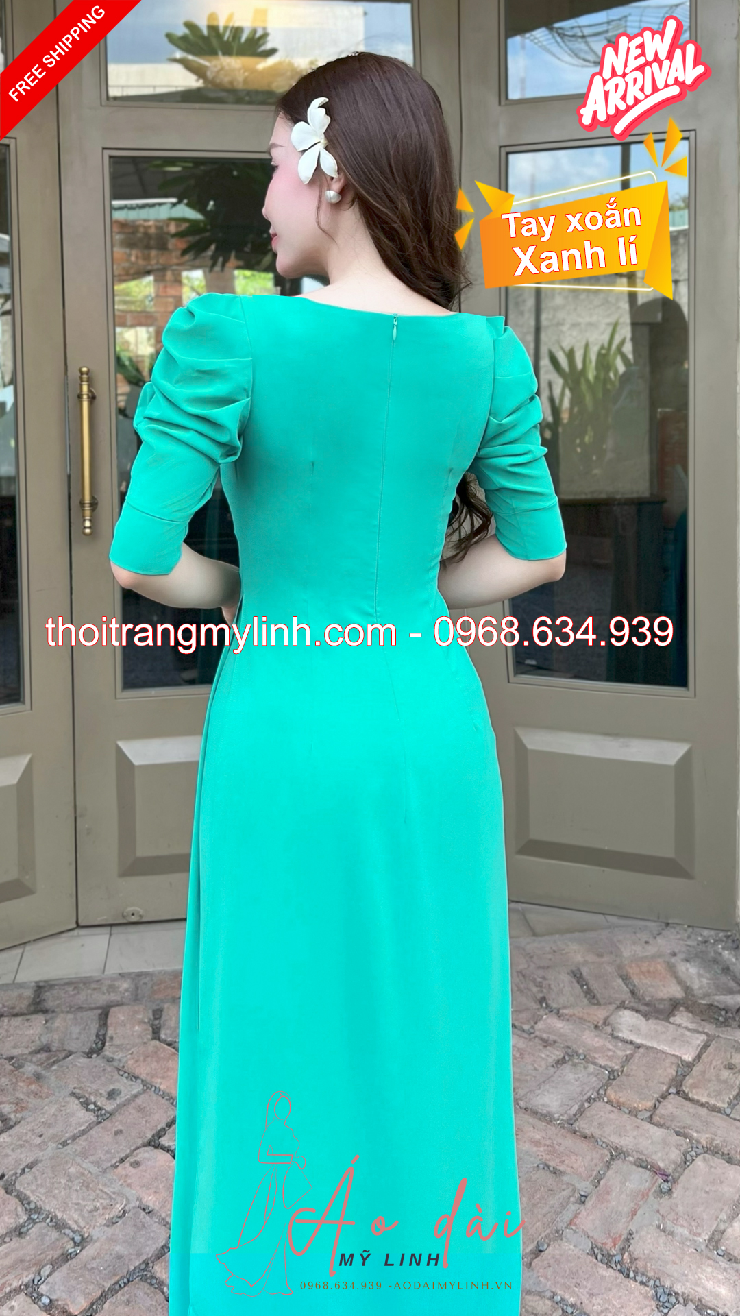 Bộ áo dài cổ tròn đính đã tay xoắn xanh lí